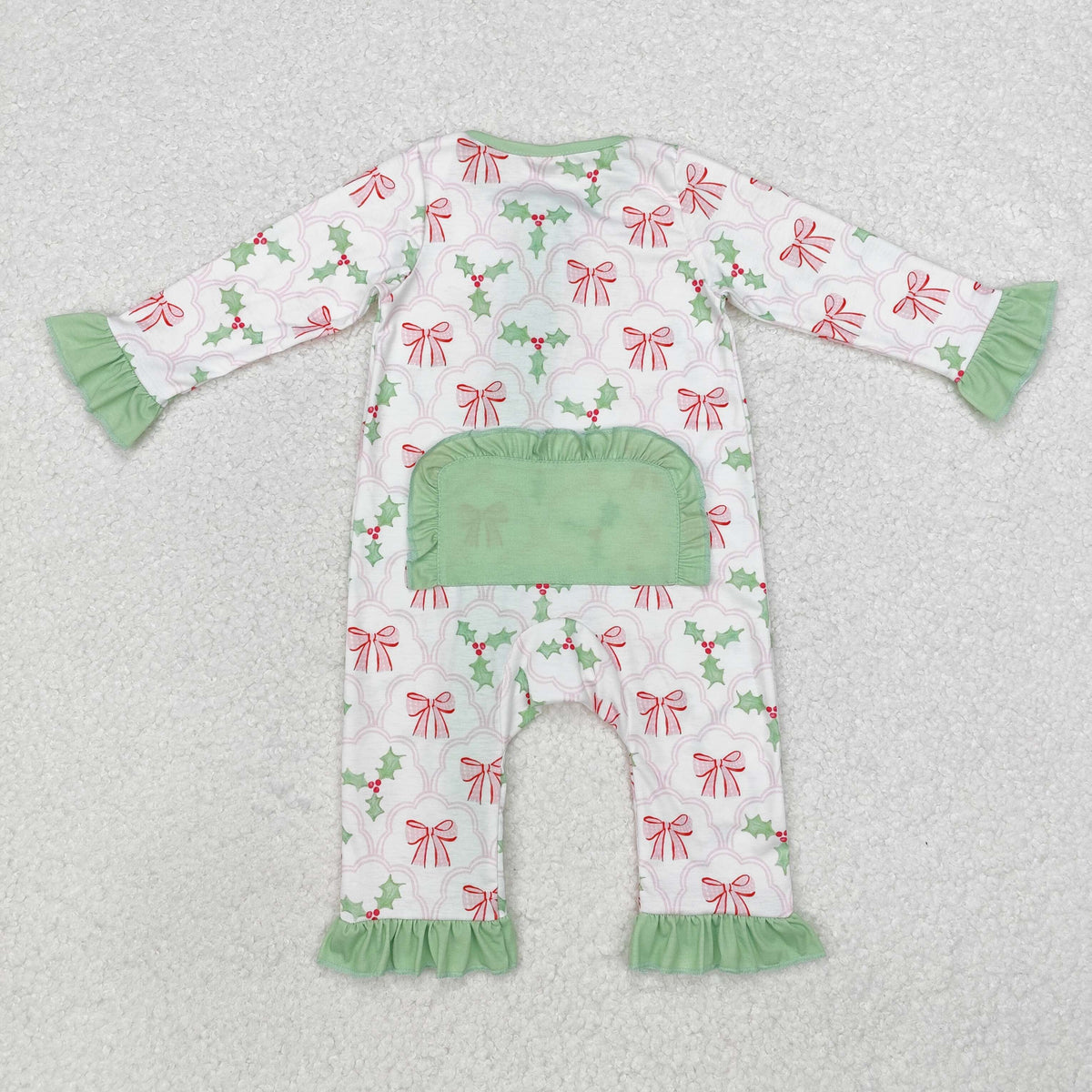 LR1344 Holly Bows Print Baby Girls Christmas Bamboo Zipper Sleeper Romper