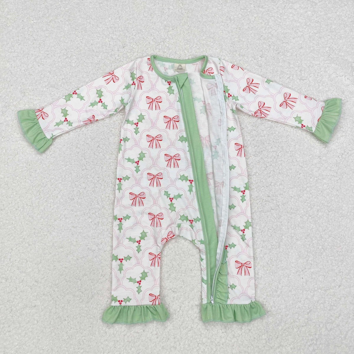 LR1344 Holly Bows Print Baby Girls Christmas Bamboo Zipper Sleeper Romper