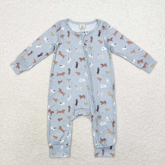 LR1351 Baby Boys Dogs Blue Long Sleeve Zipper Romper