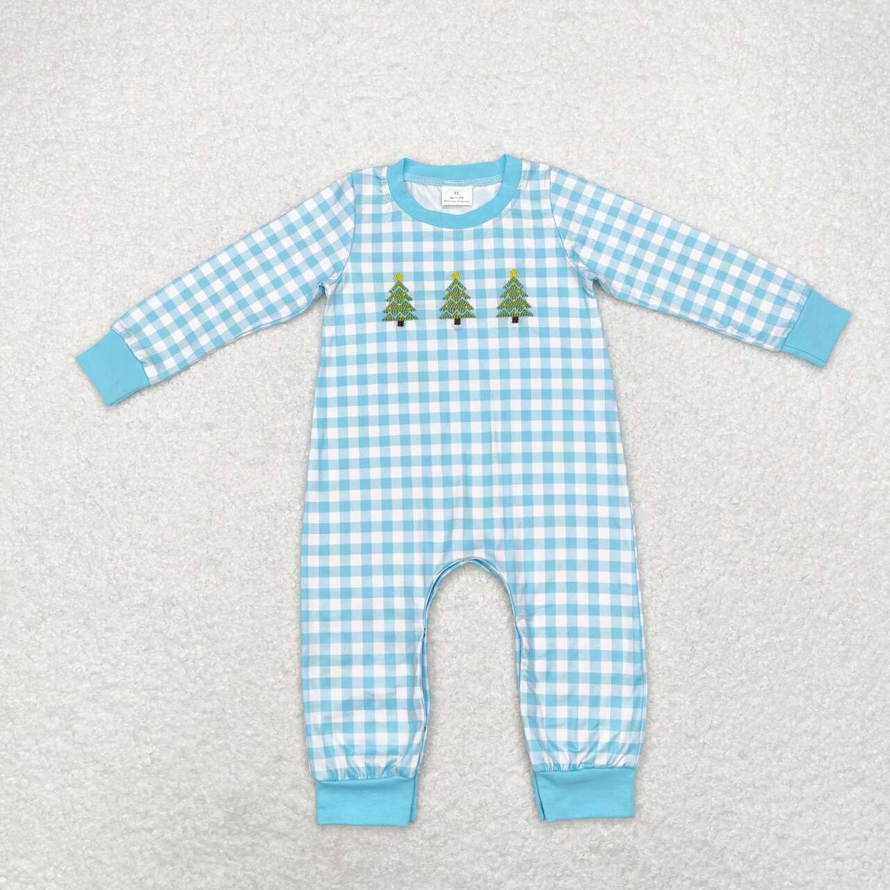 LR1366  Tree Embroidery Blue Checkered Print Baby Boys Christmas Romper