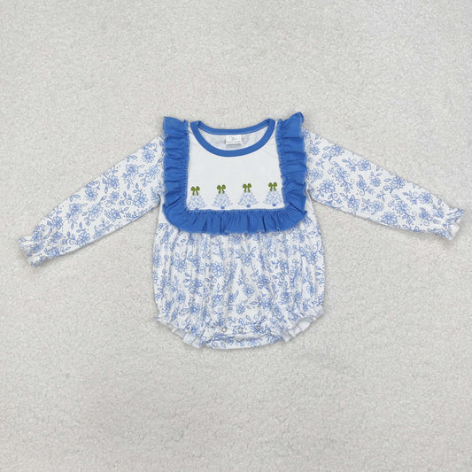 LR1374 Tree Bows Blue Flowers Print Baby Girls Christmas Romper
