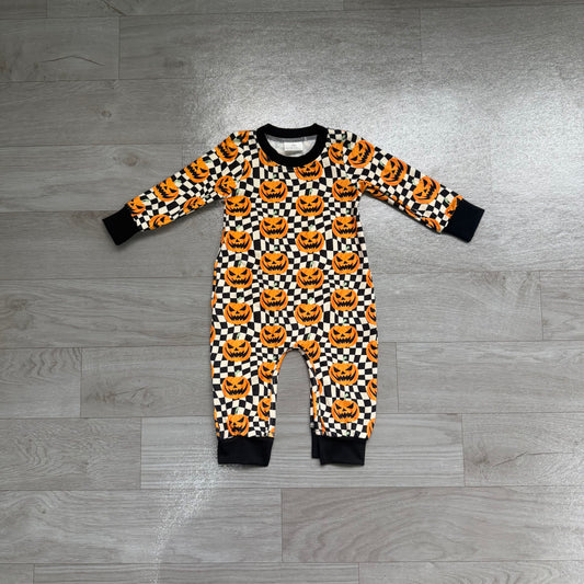 Preorder Baby Boys Halloween Pumpkin Checked Long Sleeve Romper