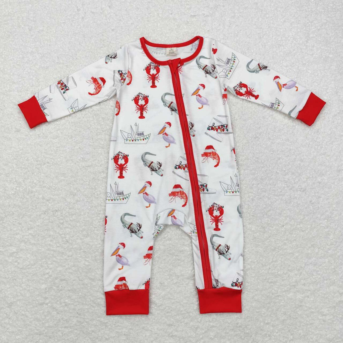 LR1399 Pelican Crayfish Crocodile Print Baby Christmas Bamboo Zipper Sleeper Romper