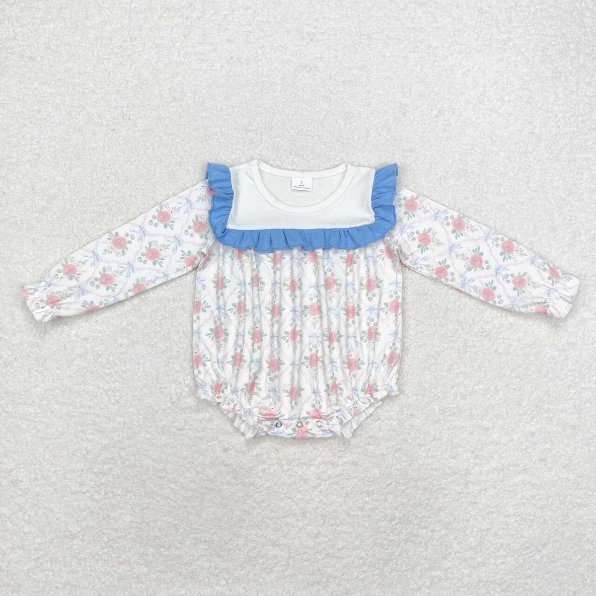 LR1412 Flowers Bows Print Baby Girls Long Sleeve Ruffle Romper