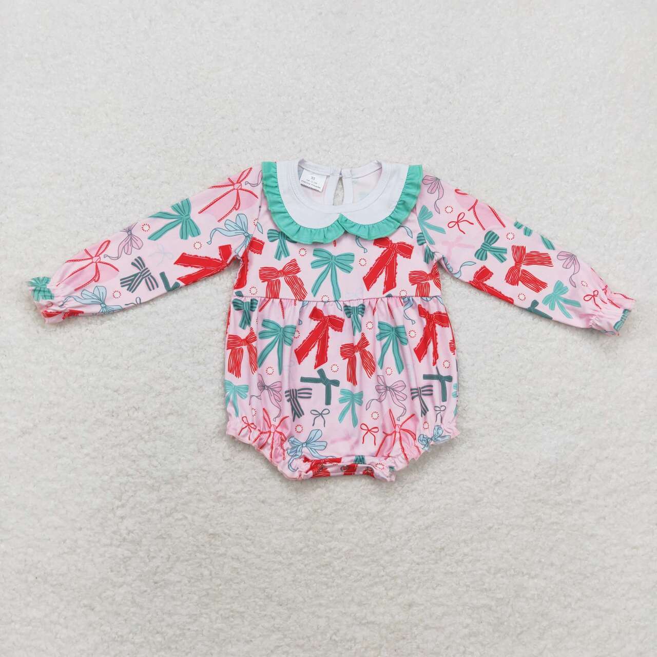 LR1413 Green Red Bows Print Baby Girls Christmas Romper