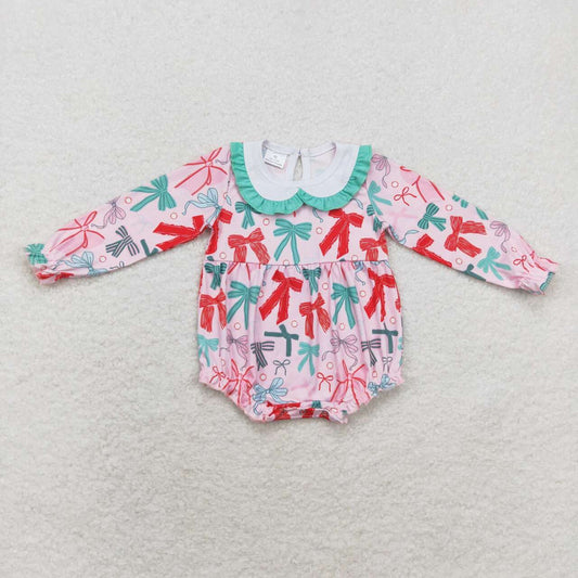 LR1413 Green Red Bows Print Baby Girls Christmas Romper