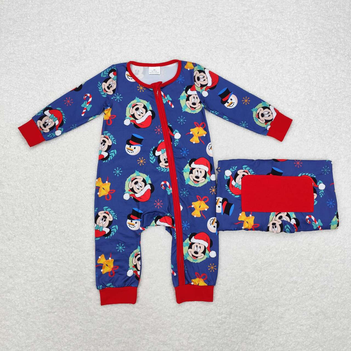 LR1417 Cartoon Mouse Candy Cane Print Baby Boys Christmas Zipper Sleeper Romper