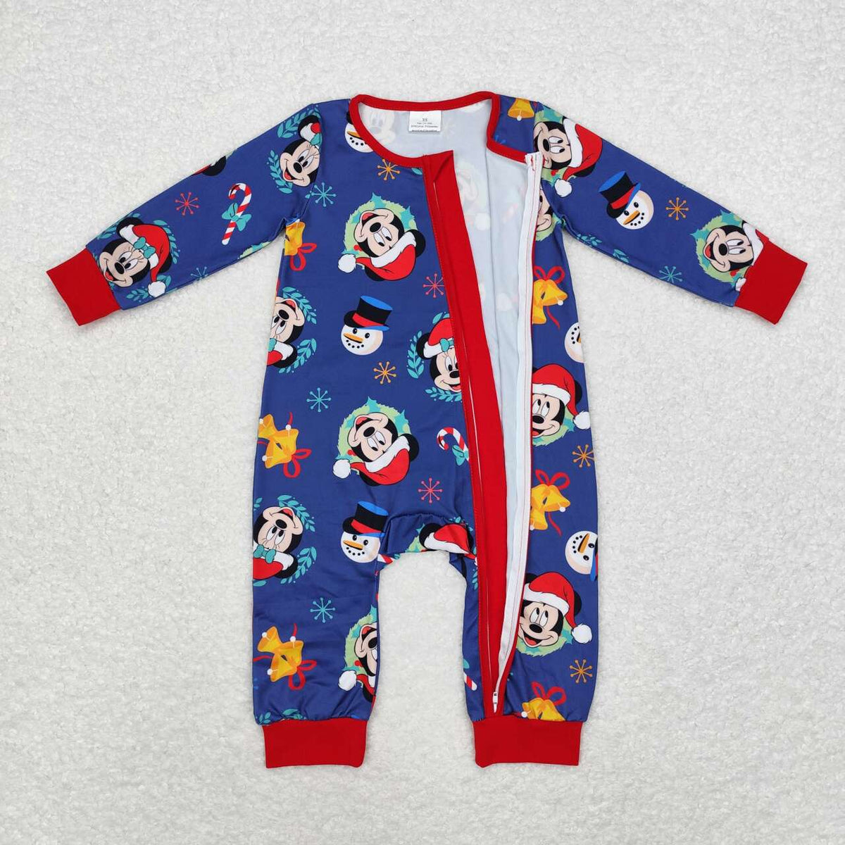 LR1417 Cartoon Mouse Candy Cane Print Baby Boys Christmas Zipper Sleeper Romper