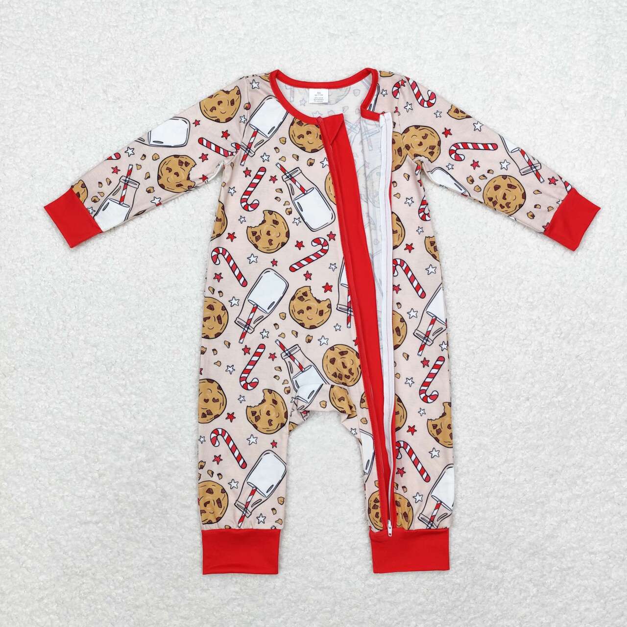 LR1426 Cookies Milk Candy Cane Print Baby Christmas Bamboo Zipper Sleeper Romper