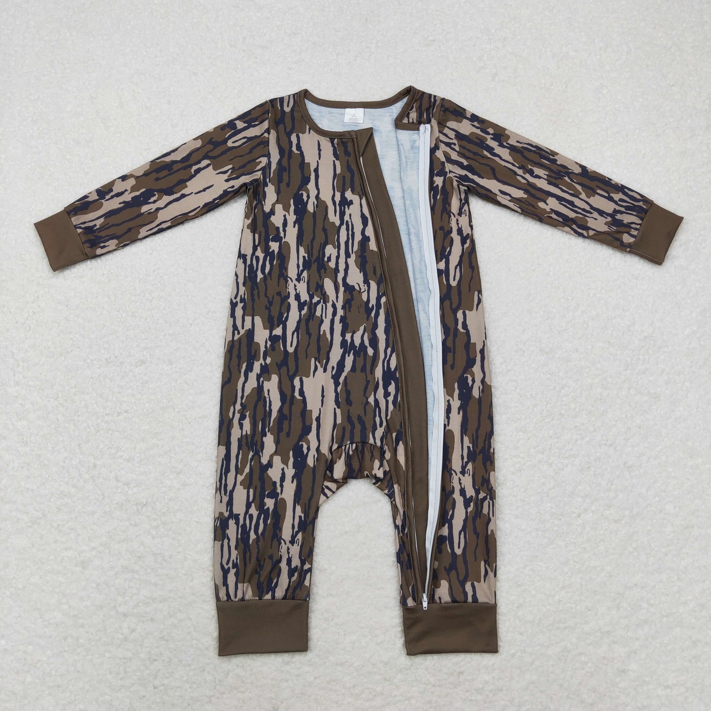 LR1452 Baby Boys olive green Camo Long Sleeve Zipper Romper