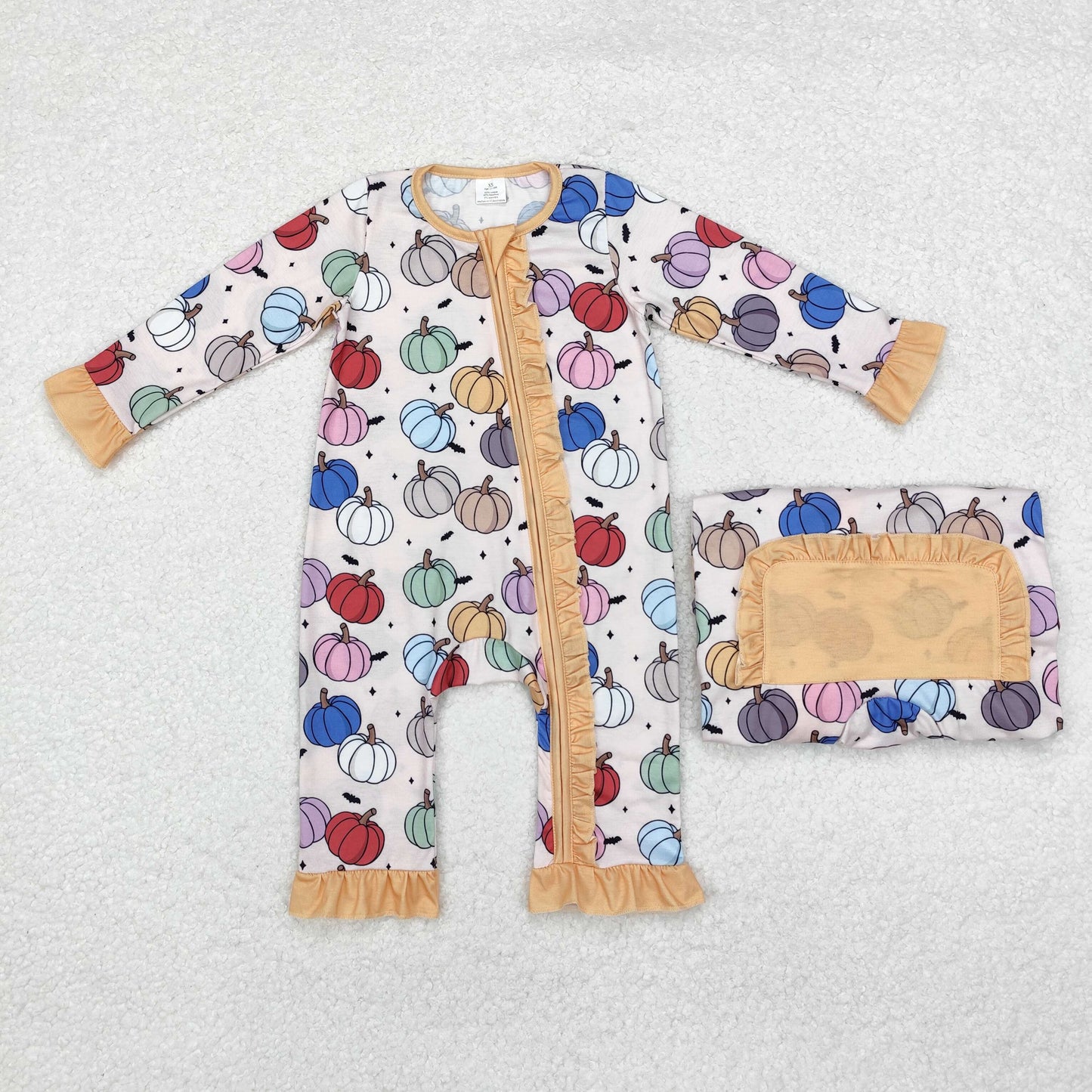 LR1455 Colorful Pumpkin Print Baby Girls Fall Zipper Sleeper Romper