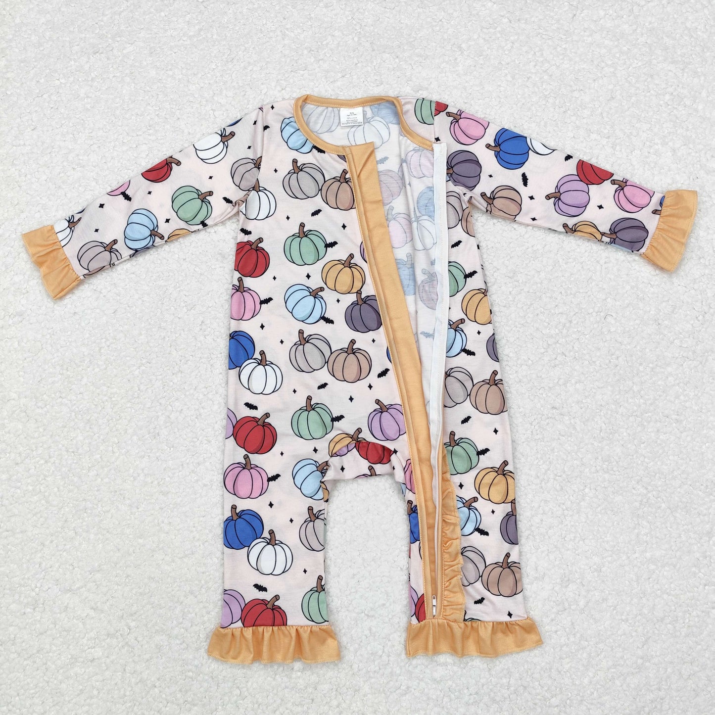 LR1455 Colorful Pumpkin Print Baby Girls Fall Zipper Sleeper Romper