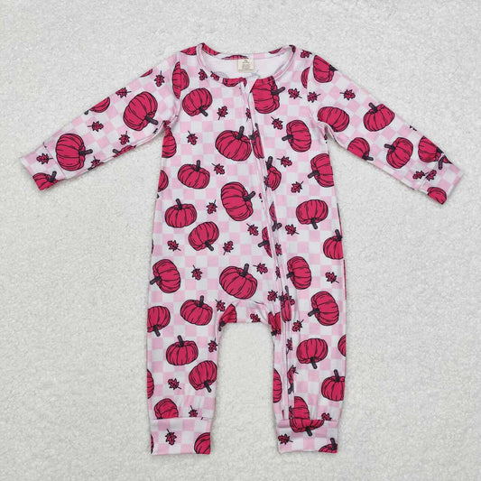 LR1456 Pink Pumpkin Checkered Print Baby Girls Fall Zipper Sleeper Romper
