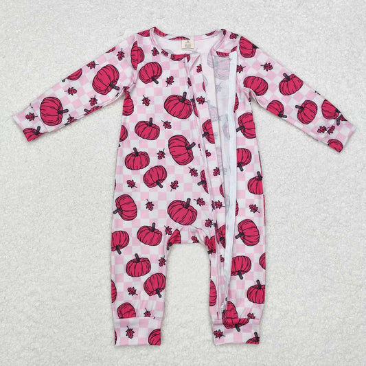 LR1456 Pink Pumpkin Checkered Print Baby Girls Fall Zipper Sleeper Romper