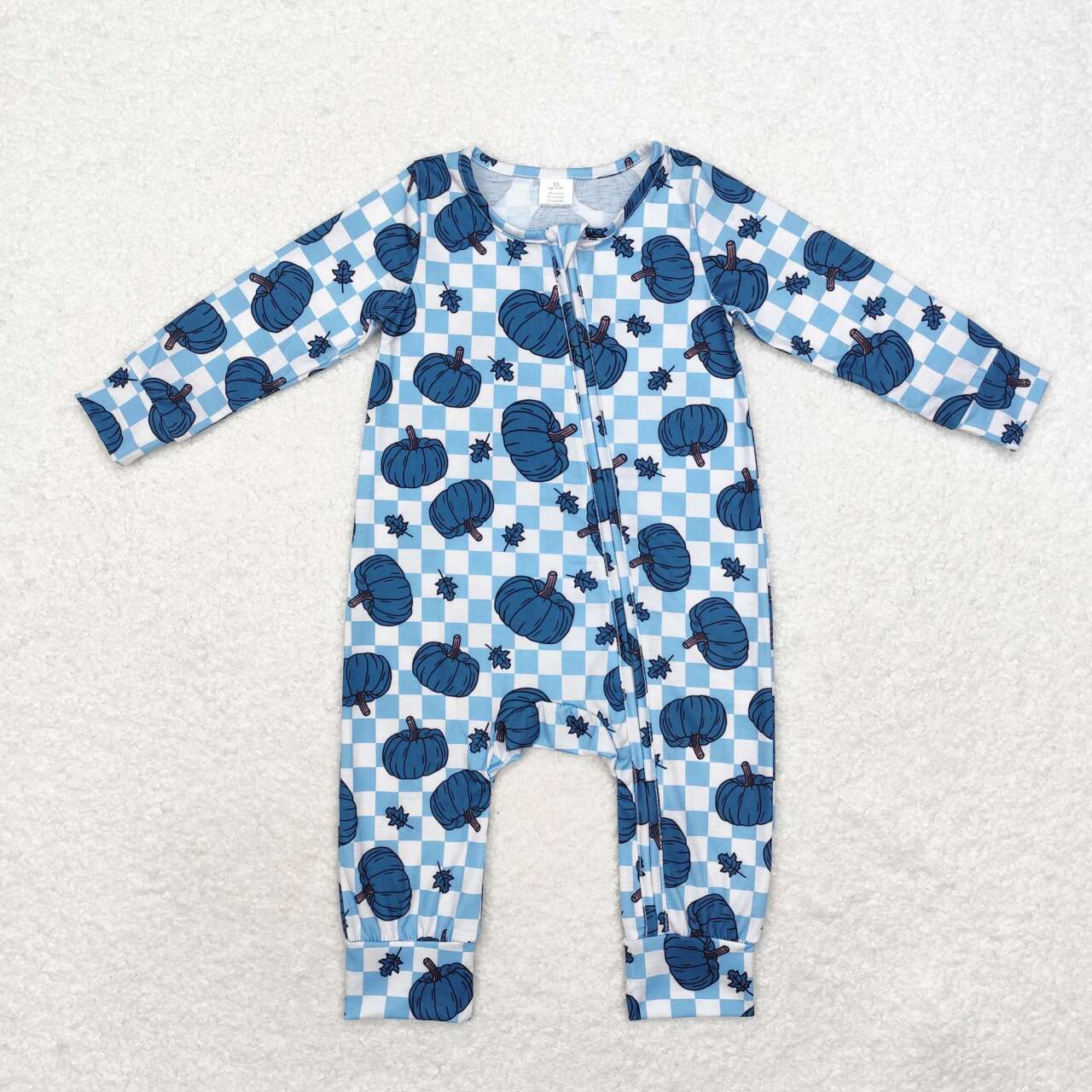 LR1457 Blue Pumpkin Checkered Print Baby Boys Fall Zipper Sleeper Romper