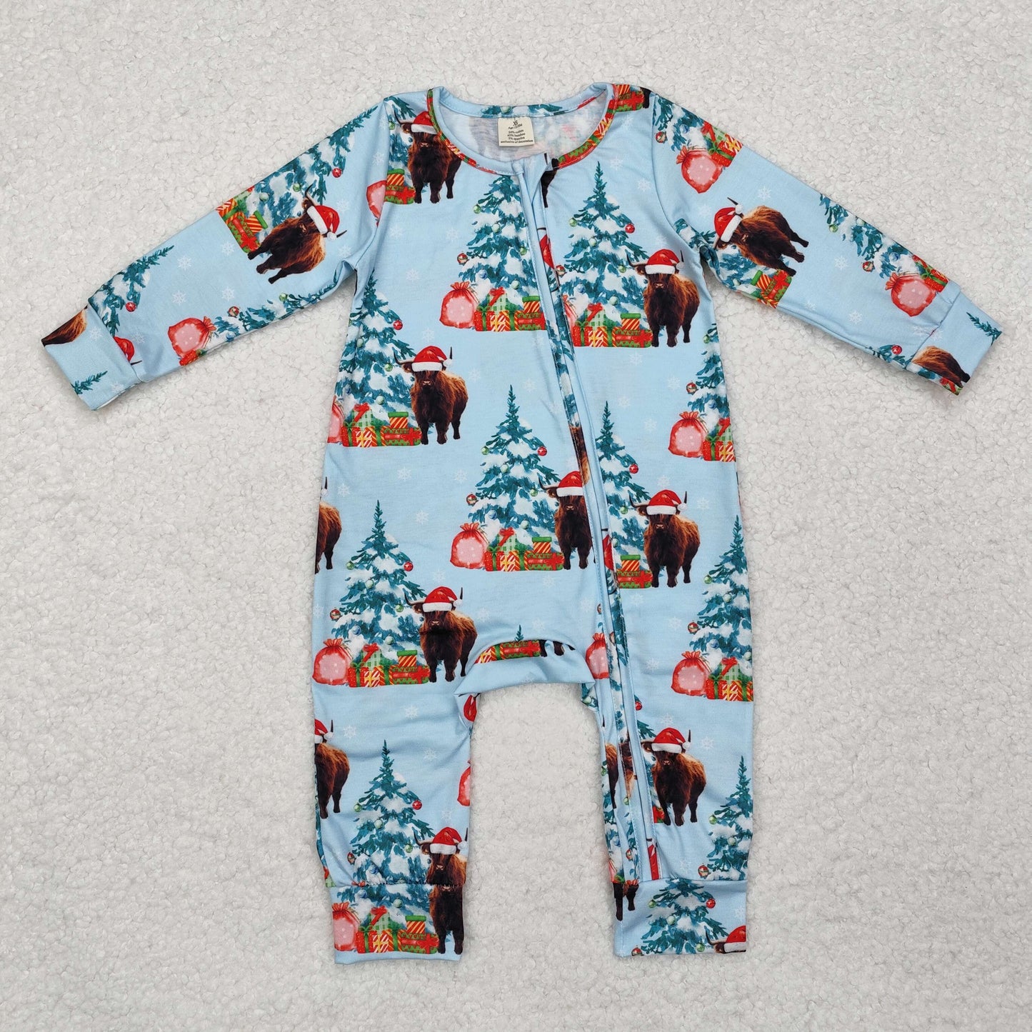 LR1459 Highland Cow Tree Print Baby Christmas Bamboo Zipper Sleeper Romper