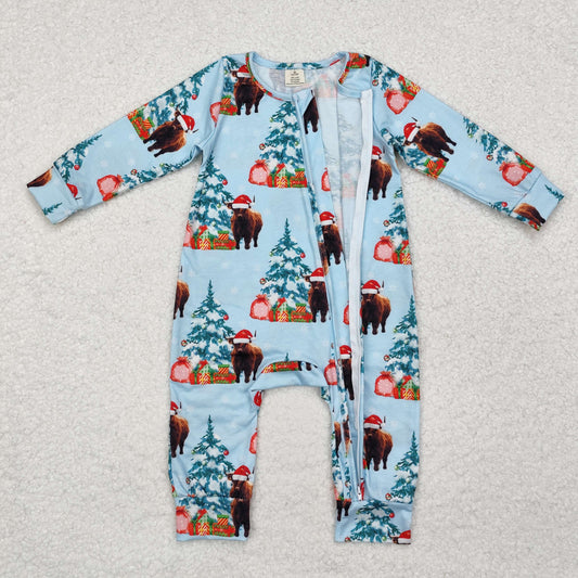 LR1459 Highland Cow Tree Print Baby Christmas Bamboo Zipper Sleeper Romper
