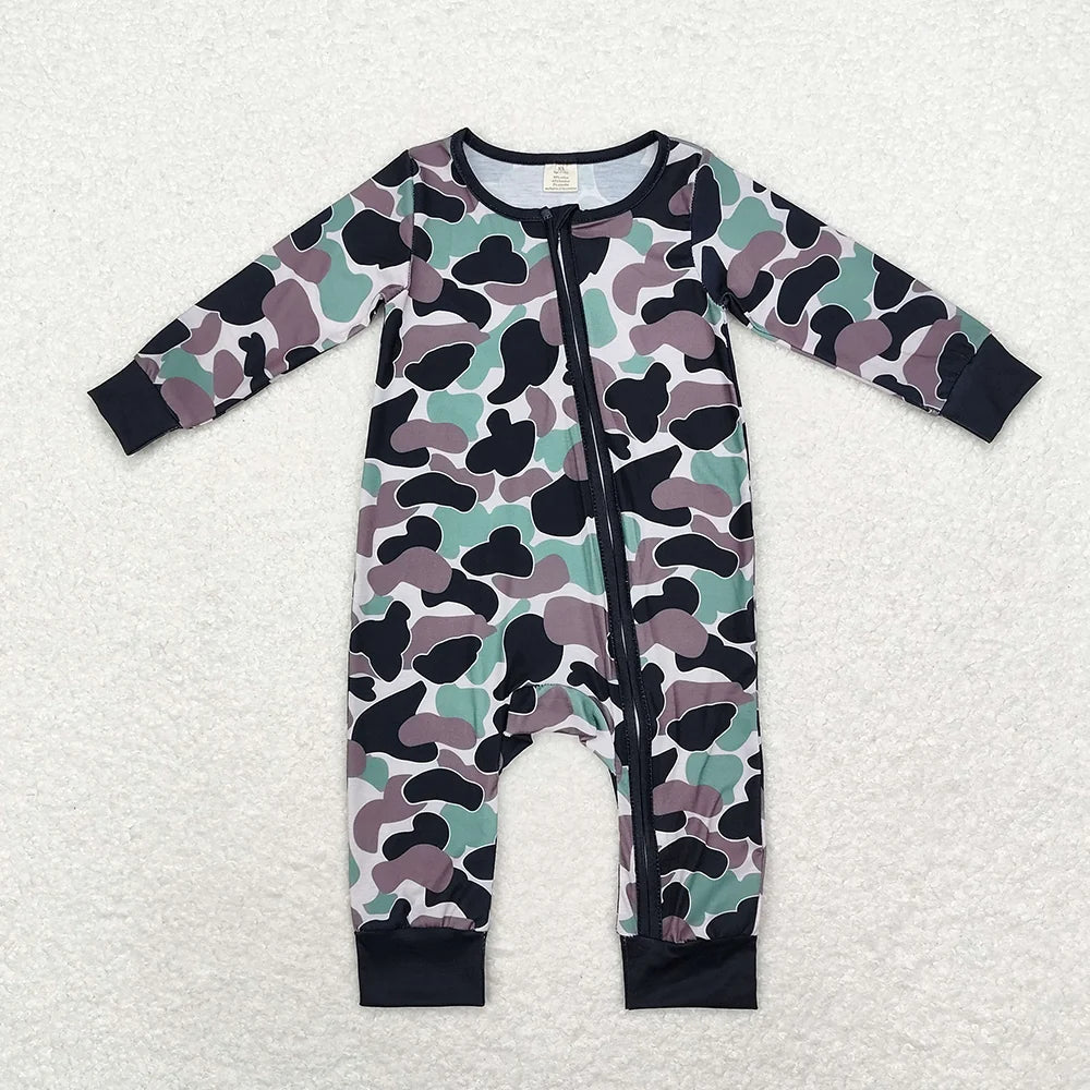 LR1460 Baby Boys Green Black Camo Long Sleeve Zipper Romper
