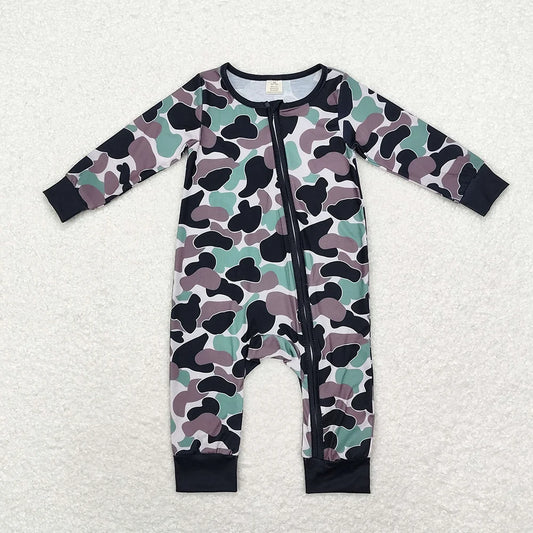 LR1460 Baby Boys Green Black Camo Long Sleeve Zipper Romper