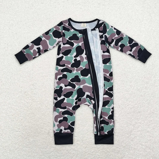 LR1460 Baby Boys Green Black Camo Long Sleeve Zipper Romper
