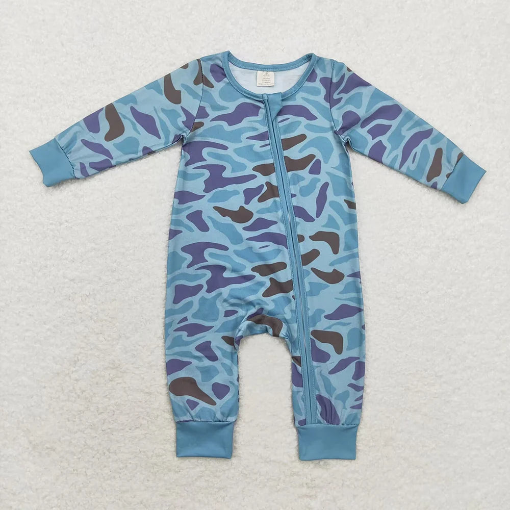 LR1462 Baby Boys Blue Camo Long Sleeve Zipper Romper