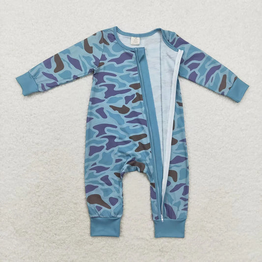 LR1462 Baby Boys Blue Camo Long Sleeve Zipper Romper
