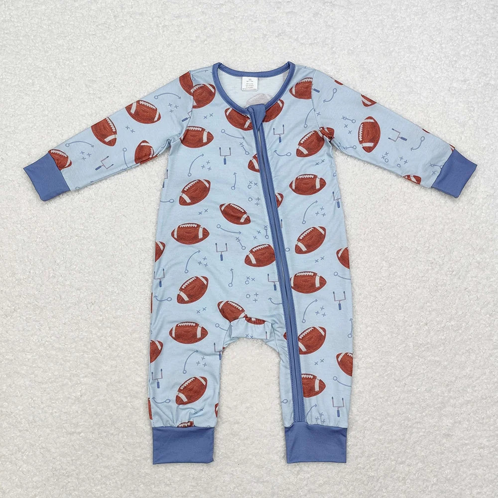 Sibling Baby Fall Football Long Sleeve Zipper Romper
