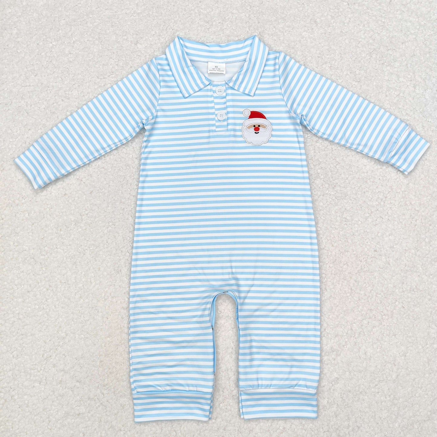 LR1475  Santa Embroidery Blue Stripes Print Baby Boys Christmas Romper
