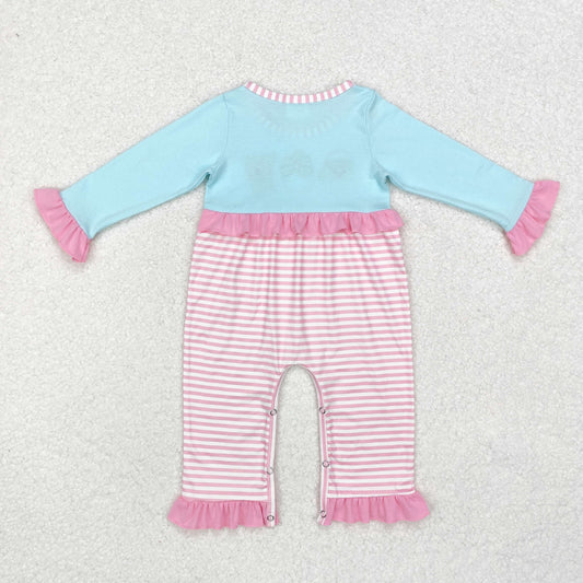 LR1476  Santa Deer Embroidery Pink Stripes Print Baby Girls Christmas Ruffle Romper