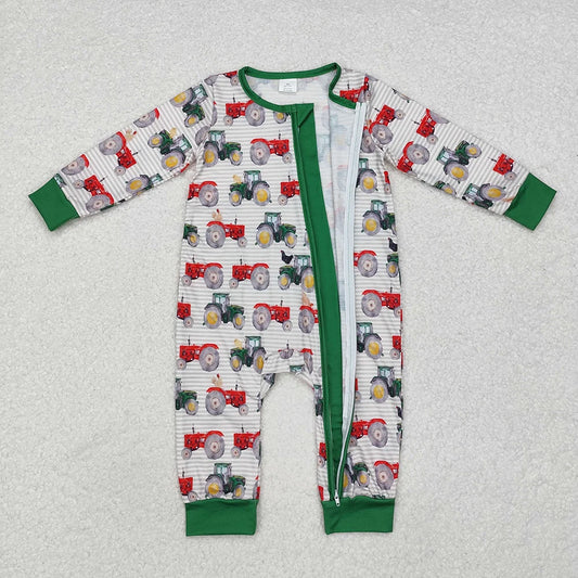 LR1480 Baby Boys Farm Tractoers Long Sleeve Zipper Romper