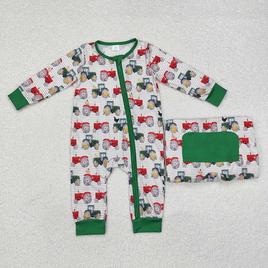 LR1480 Baby Boys Farm Tractoers Long Sleeve Zipper Romper