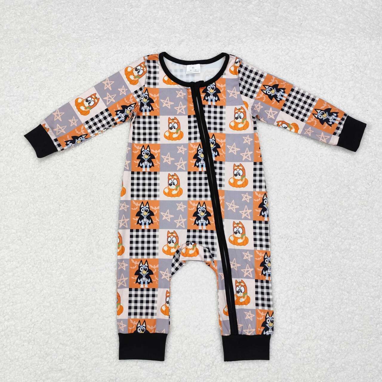 LR1484 Cartoon Dog Checkered Print Baby Boys Halloween Zipper Sleeper Romper