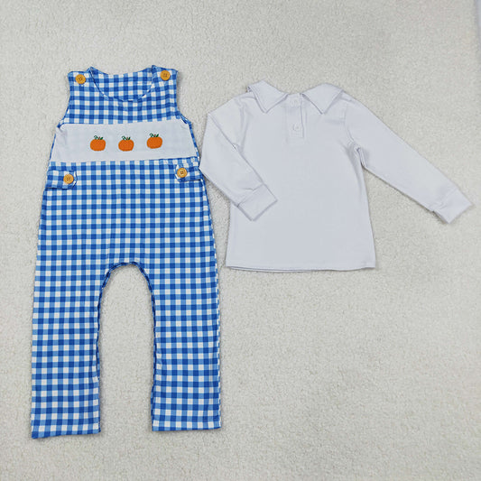 LR1501 White Top Pumpkin Embroidery Blue Checkered Romper Baby Boys Fall Clothes Set