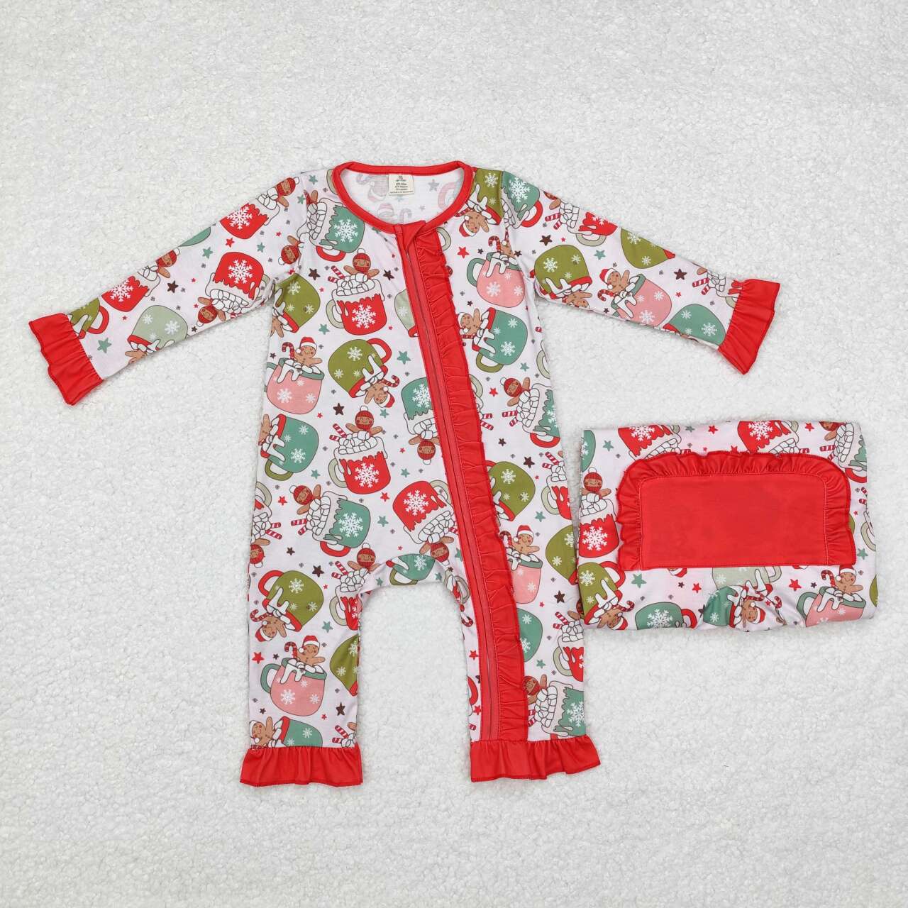 LR1509 Gingerbread Cups Candy Cane Print Baby Girls Christmas Bamboo Zipper Sleeper Romper