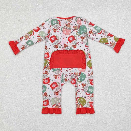 LR1509 Gingerbread Cups Candy Cane Print Baby Girls Christmas Bamboo Zipper Sleeper Romper