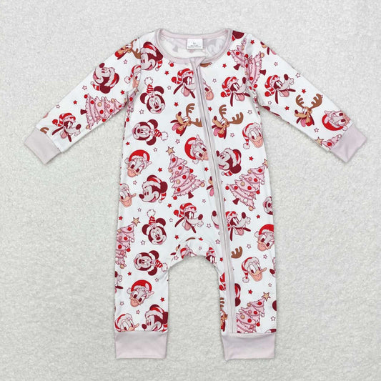 LR1510 Cartoon Mouse Tree Stars Print Baby Girls Christmas Zipper Sleeper Romper