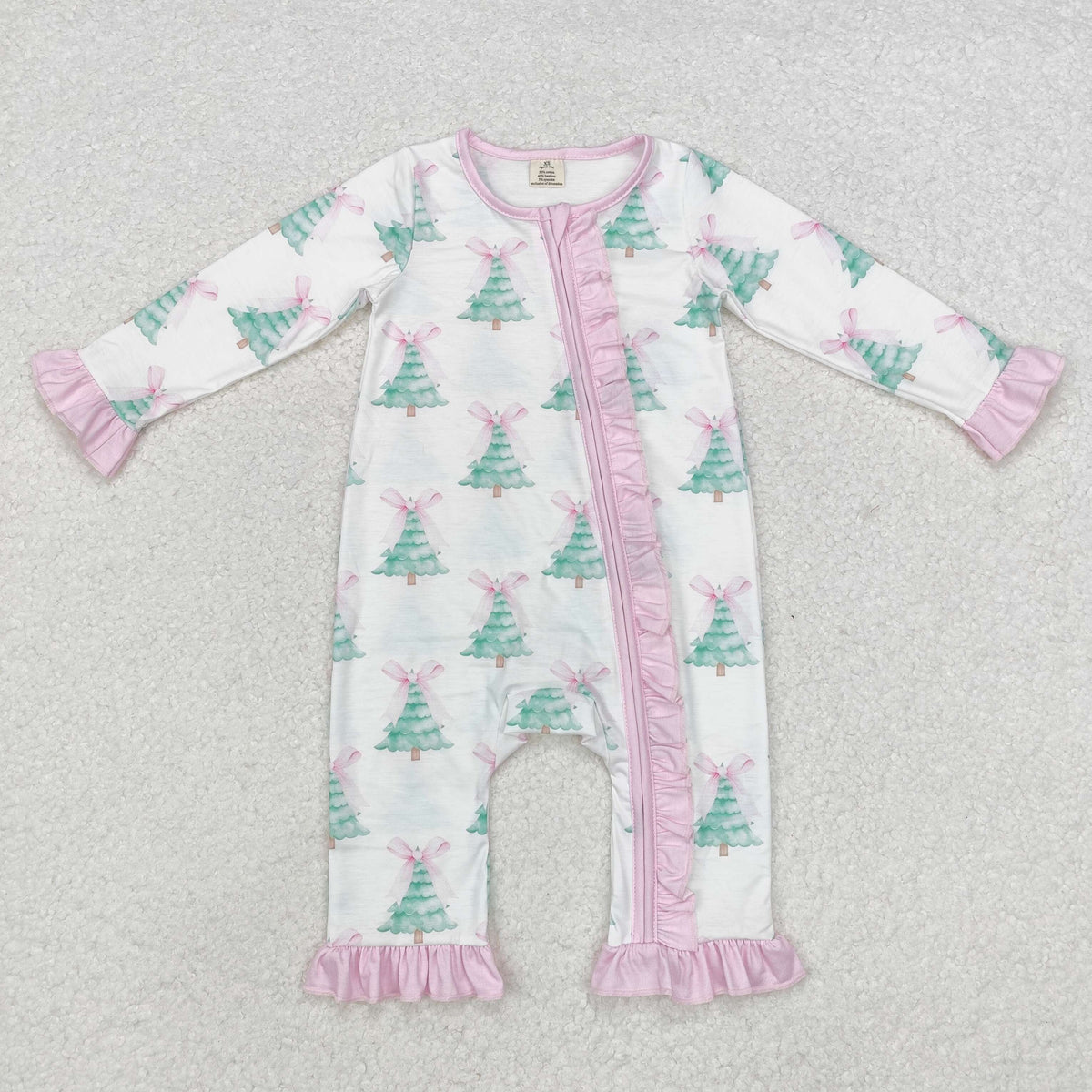 LR1518 Tree Bows Print Baby Girls Christmas Bamboo Zipper Sleeper Romper