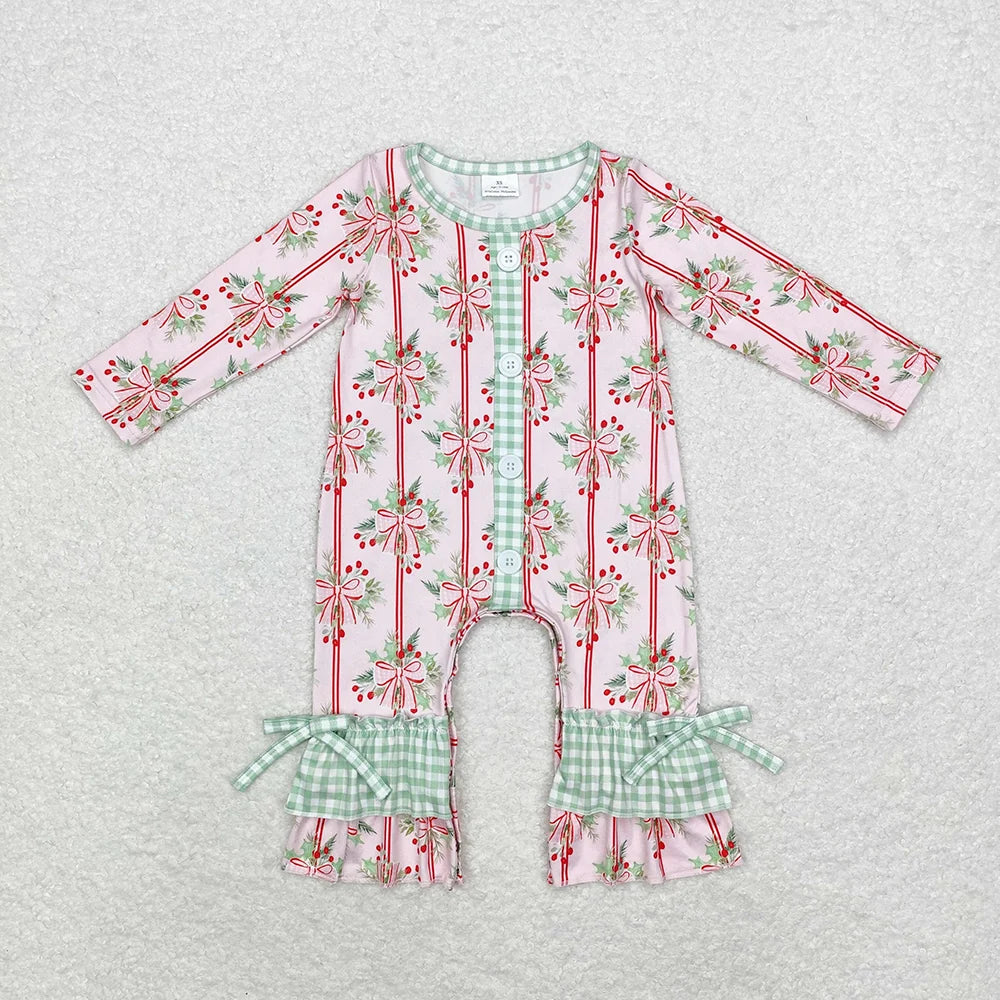 Sibling Baby Girls  Christmas Holly Bow Outfit Romper