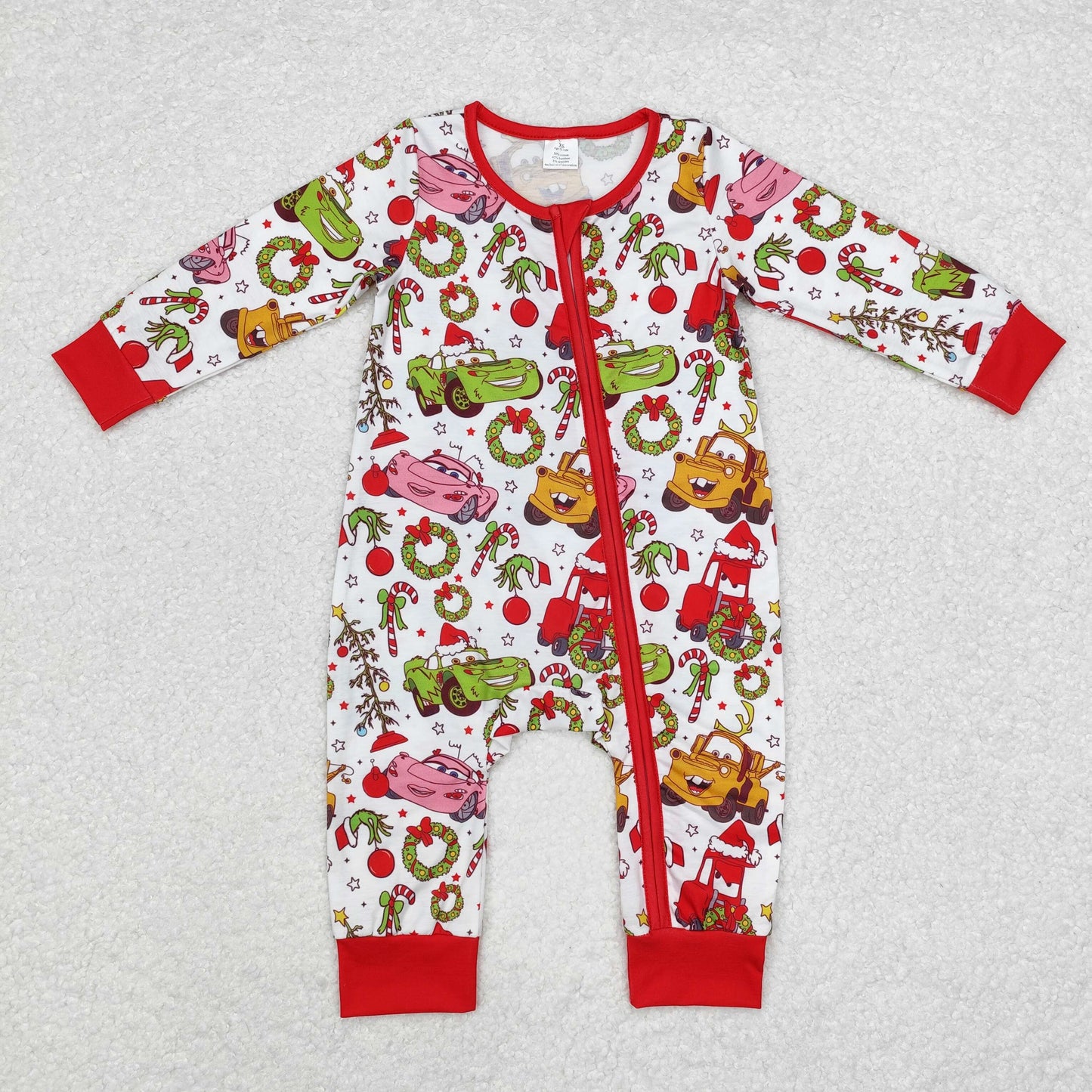 LR1559 Cartoon Cars Holly Candy Cane Print Baby Girls Christmas Bamboo Zipper Sleeper Romper