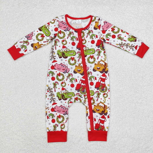 LR1559 Cartoon Cars Holly Candy Cane Print Baby Girls Christmas Bamboo Zipper Sleeper Romper