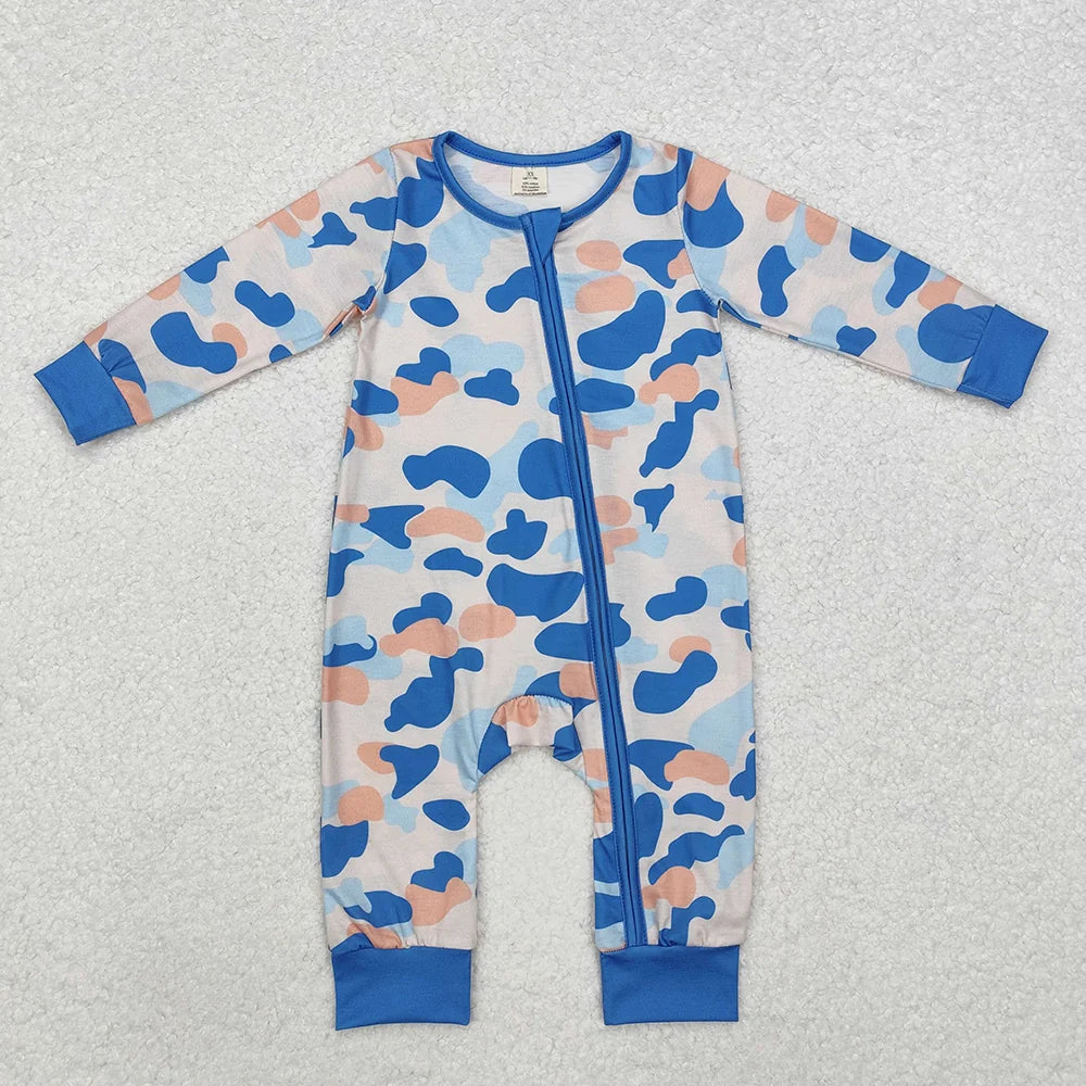 LR1574 Baby Boys Blue Camo Long Sleeve Zipper Romper