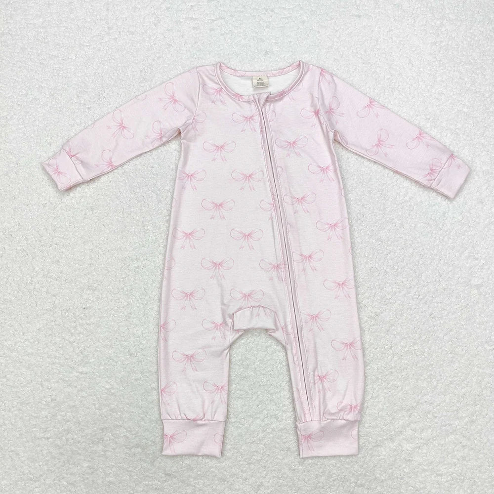 LR1579 Baby Girls Pink Bows Long Sleeve Zipper Romper