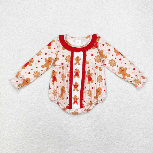 LR1583 Gingerbread Print Baby Girls Christmas Ruffle Romper