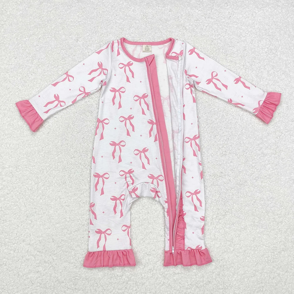 LR1584 Baby Girls Pink Bows Ruffle Zipper Long Sleeve Romper