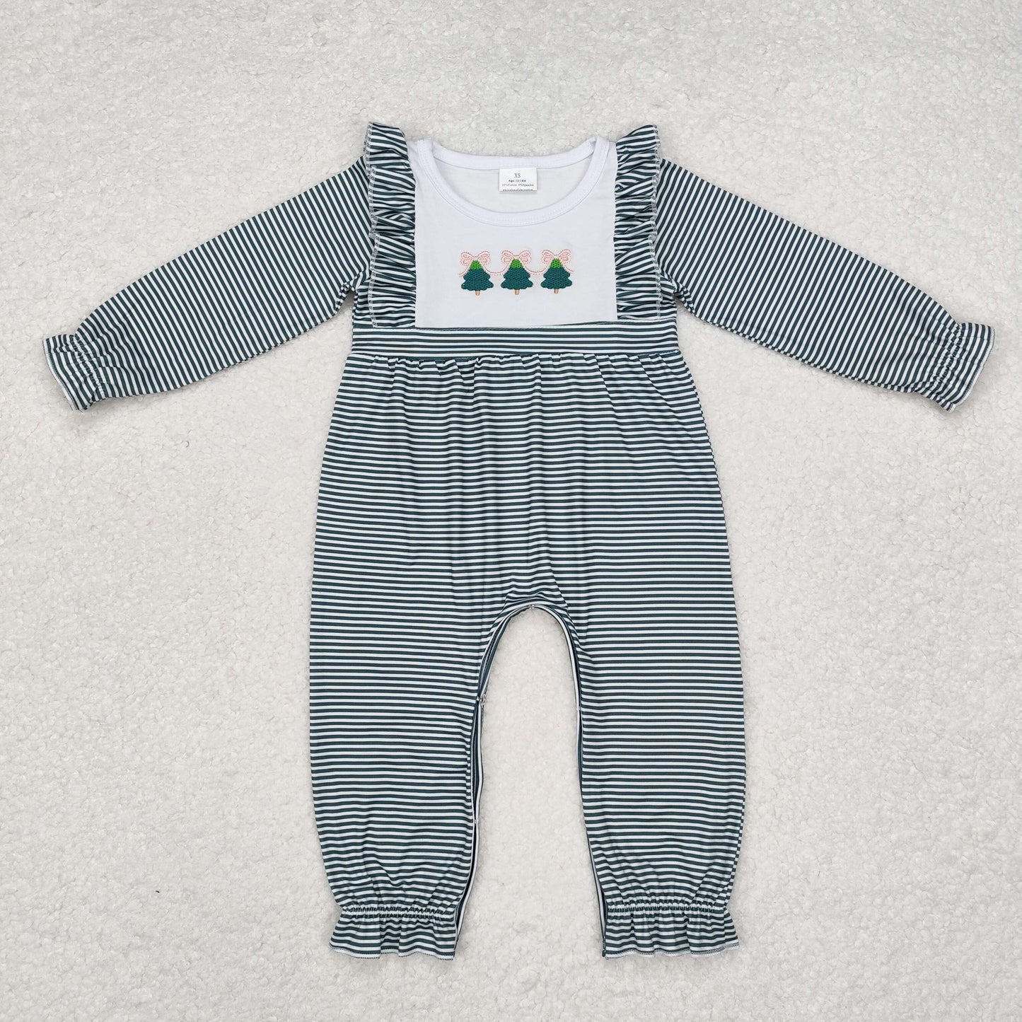 LR1587  Tree Embroidery Stripes Print Baby Girls Christmas Ruffle Romper