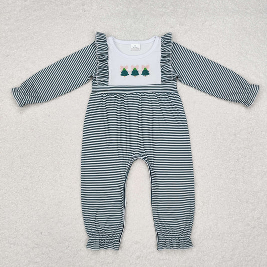 LR1587  Tree Embroidery Stripes Print Baby Girls Christmas Ruffle Romper