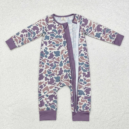 LR1604 Baby Boys Purple Green  Camo Long Sleeve Zipper Romper