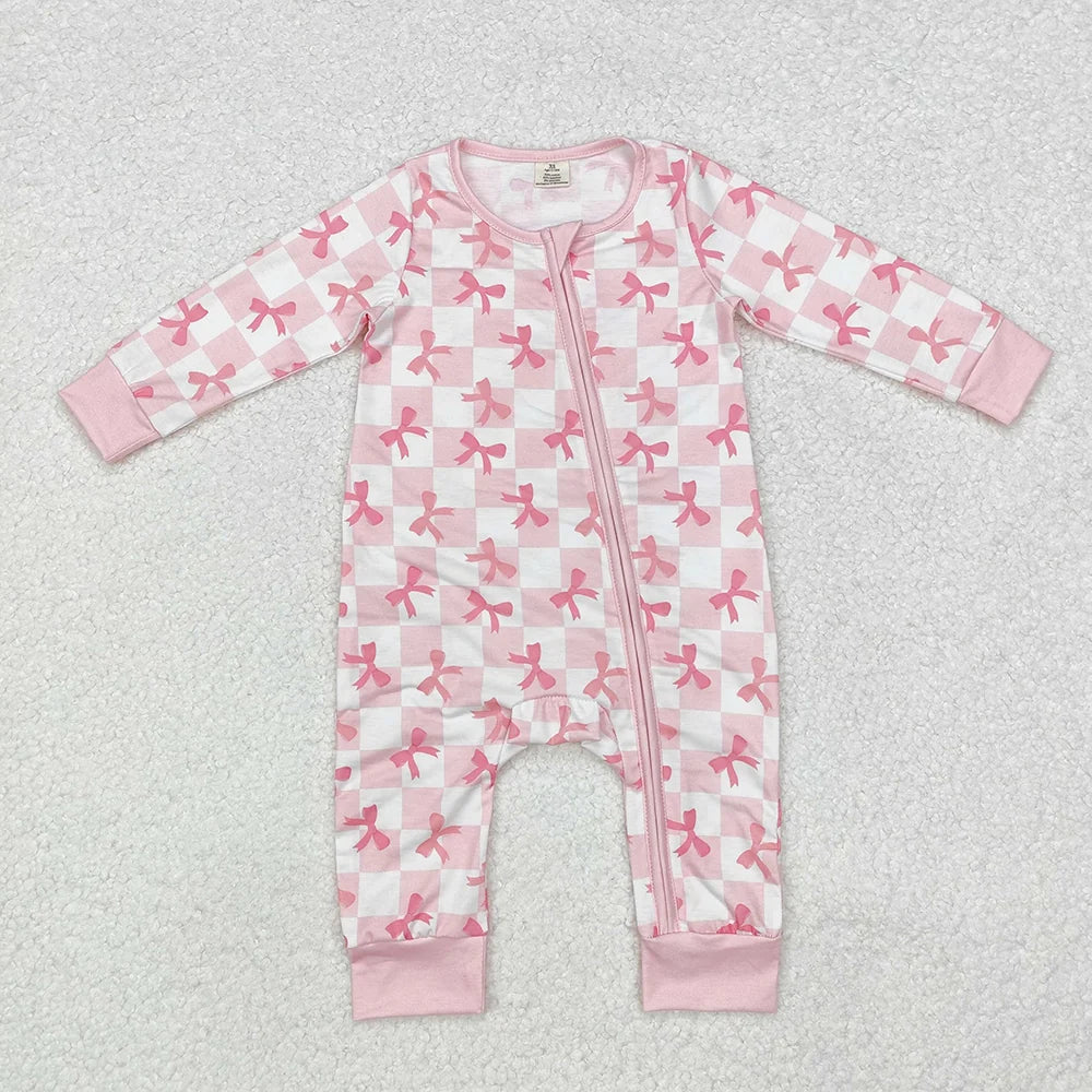 LR1607 Baby Girls Pink Bow Checked Long Sleeve Zipper Romper