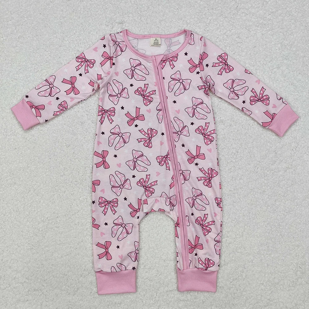 LR1608 Baby Girls Polka Dot Bow Long Sleeve Zipper Romper