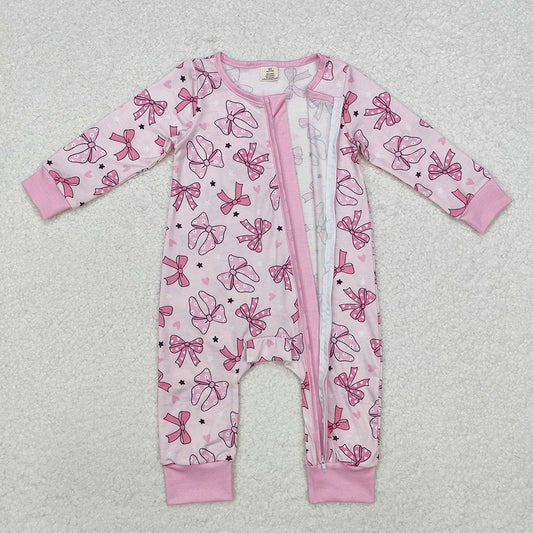 LR1608 Baby Girls Polka Dot Bow Long Sleeve Zipper Romper
